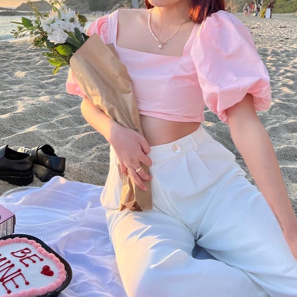 Pink Cropped Bubble Sleeve Top